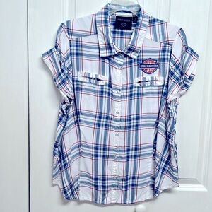 Harley Davidson White Blue Plaid Pocket Short Sleeve Snap Top Jr Size 1 Wide
